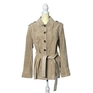 Liz Claiborne Tan Suede Belted Leather Coat W/ Epaulets Women's Size XL